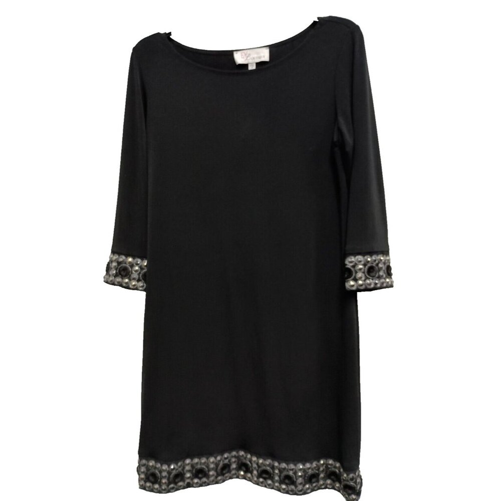 VTG Y2K EY Boutique Womens Shift Dress Small Black Embellished 3/4 Sleeve Modest